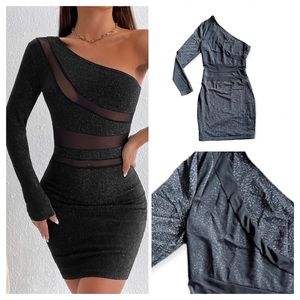 SHEIN One Shoulder Black Glitter Contrast Mesh Panel Bodycon Dress